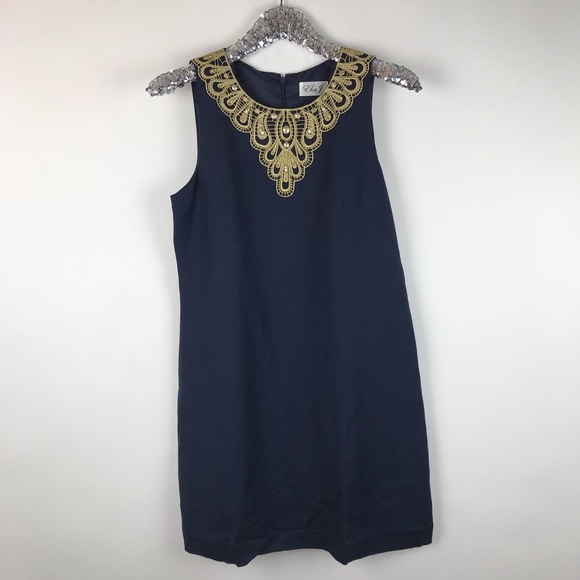 Eliza J Dresses & Skirts - Eliza J Blue Linen Blend Gold Beaded Shift Dress